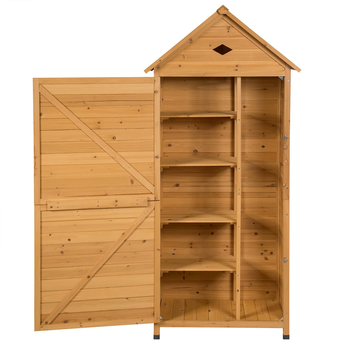 CostwayArmoire de Jardin Bois Abris de Jardin Bois de Sapin 2 Portes Verrouillables 4 Etagères Toit Pente Galvanisé Trou de Ventilation Jaune