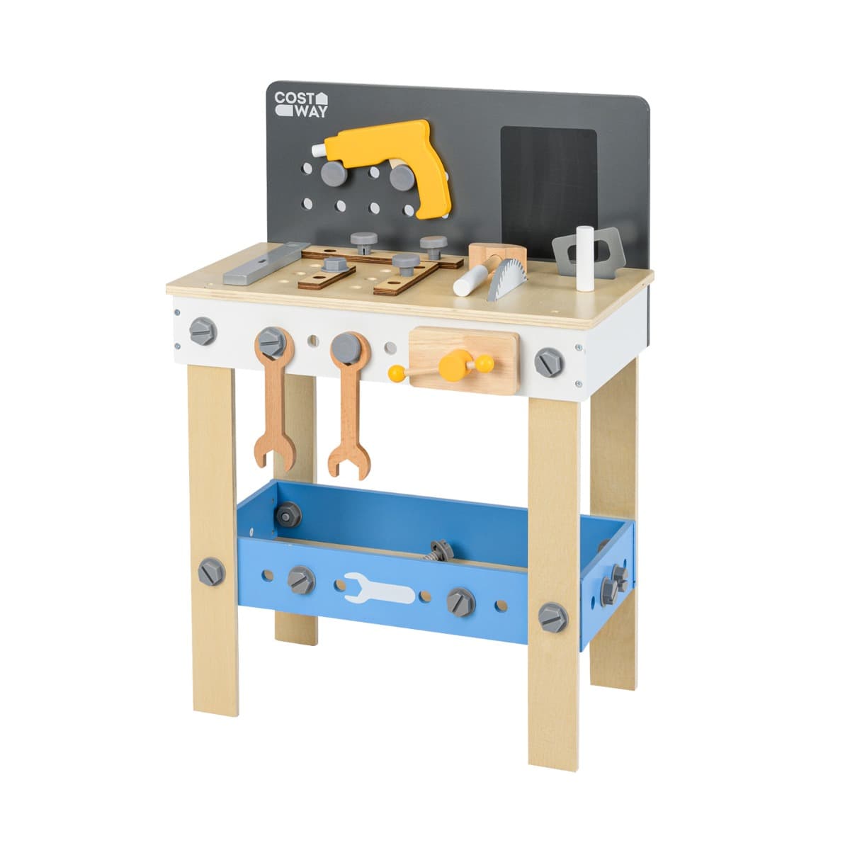 CostwayÉtabli à Outils pour Enfants Ensemble de Jeu en Bois avec Panneau Perforé Tableau Noir et Etagère de Rangement pour 3 +Ans et Plus