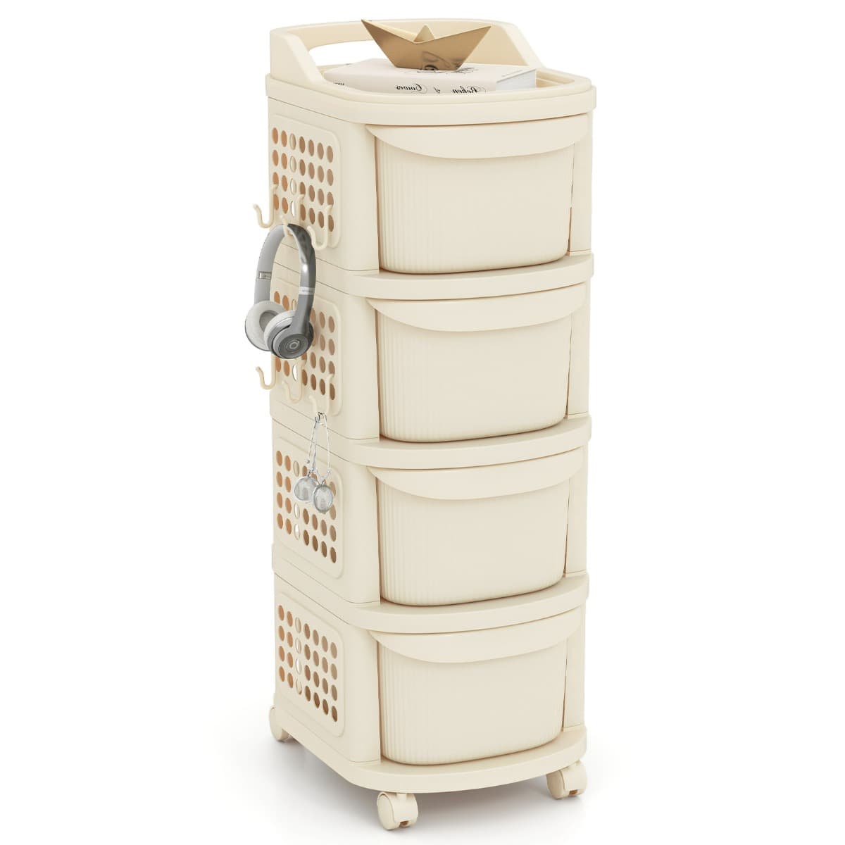 Chariot Utilitaire à 4 Tiroirs Organisateur de Rangement en Plastique Roulant avec Roulettes 6 Croch