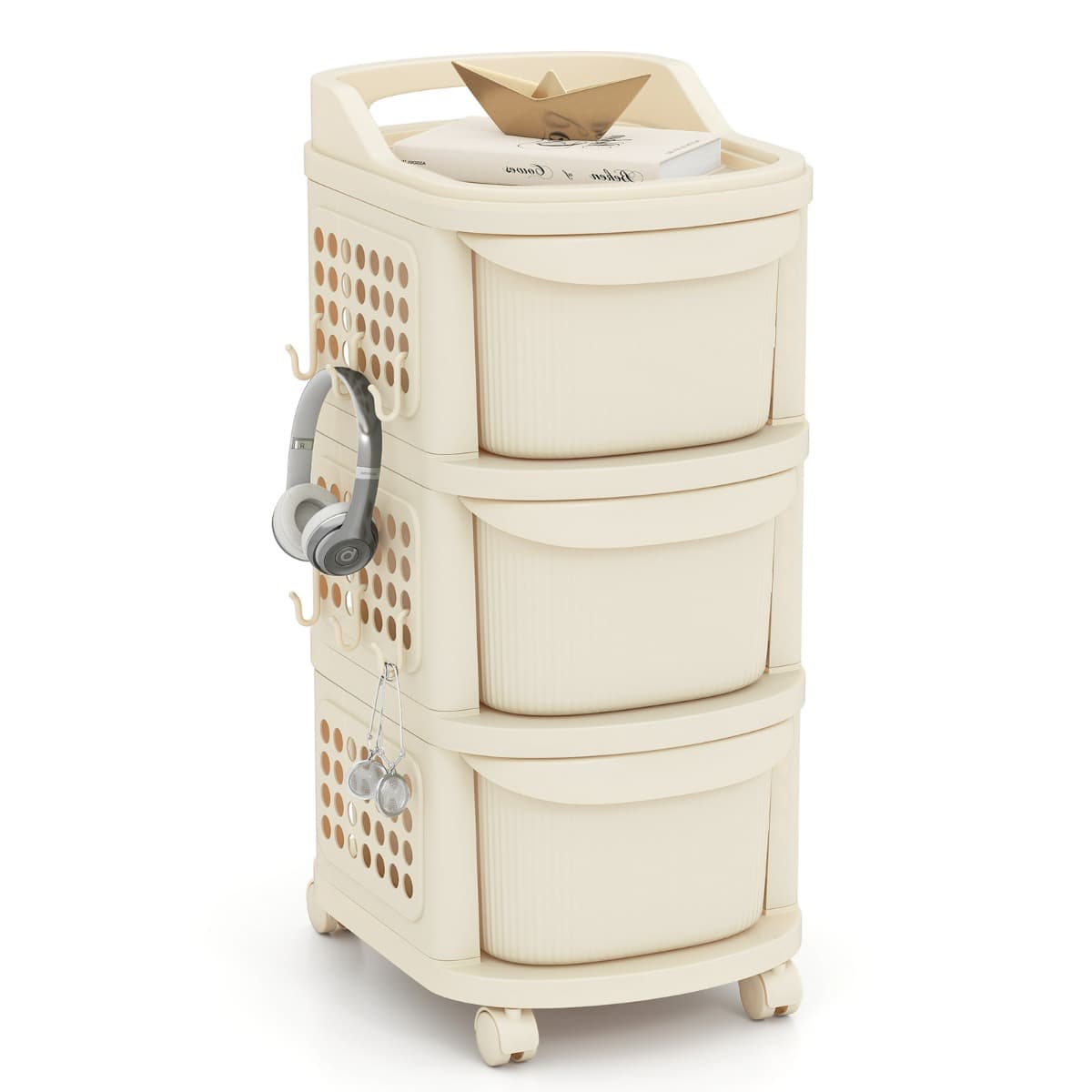Chariot Utilitaire à 3 Tiroirs Organisateur de Rangement en Plastique Roulant avec Roulettes 6 Croch