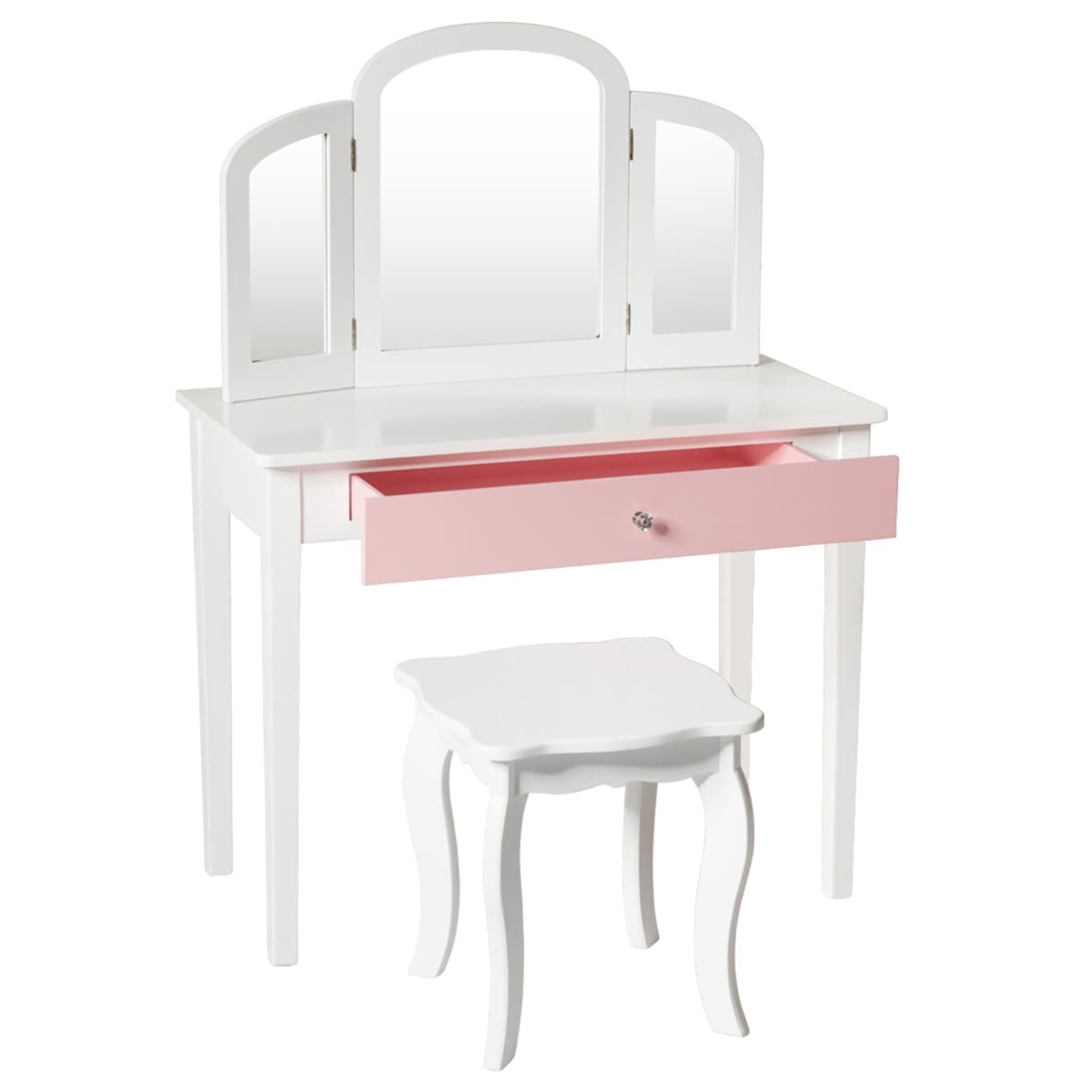 CostwayEnsemble Coiffeuse et Chaise avec Miroir Pliable pour Enfants Table et Tabouret de Maquillage de Style Princesse Blanc et Rose