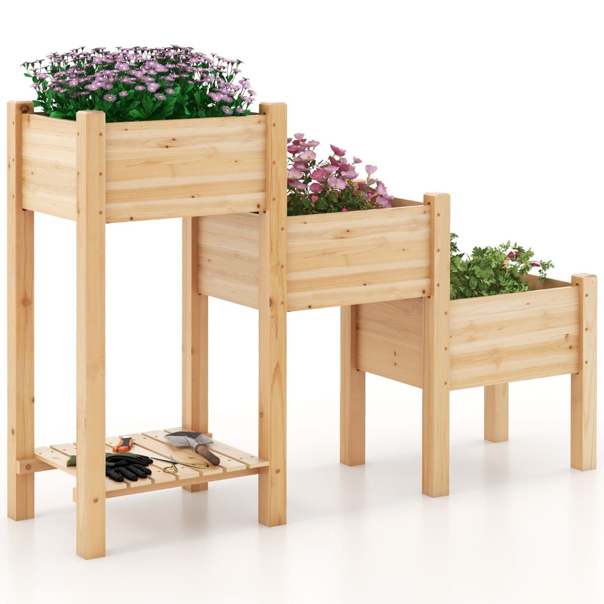 CostwayJardinière Surélevée en Bois de Sapin 3 Bacs à Fleurs Trous de Drainage Peinture DIY Jardinière sur Pieds Légumes Fleurs Naturel