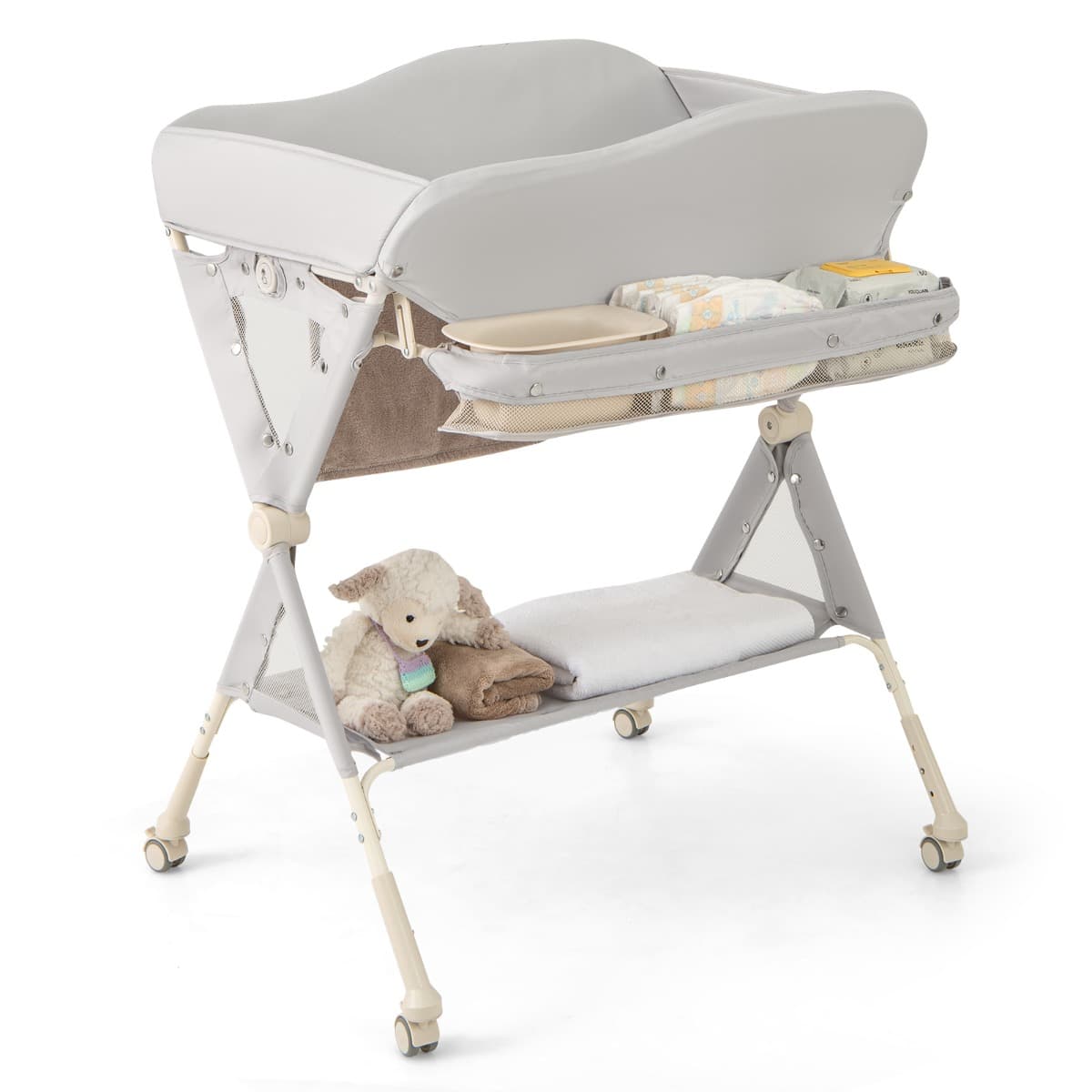 CostwayTable à Langer 3 en 1 Pliante Hauteur Réglable à 3 Niveaux Panier de Rangement Tissu Imperméable Gris