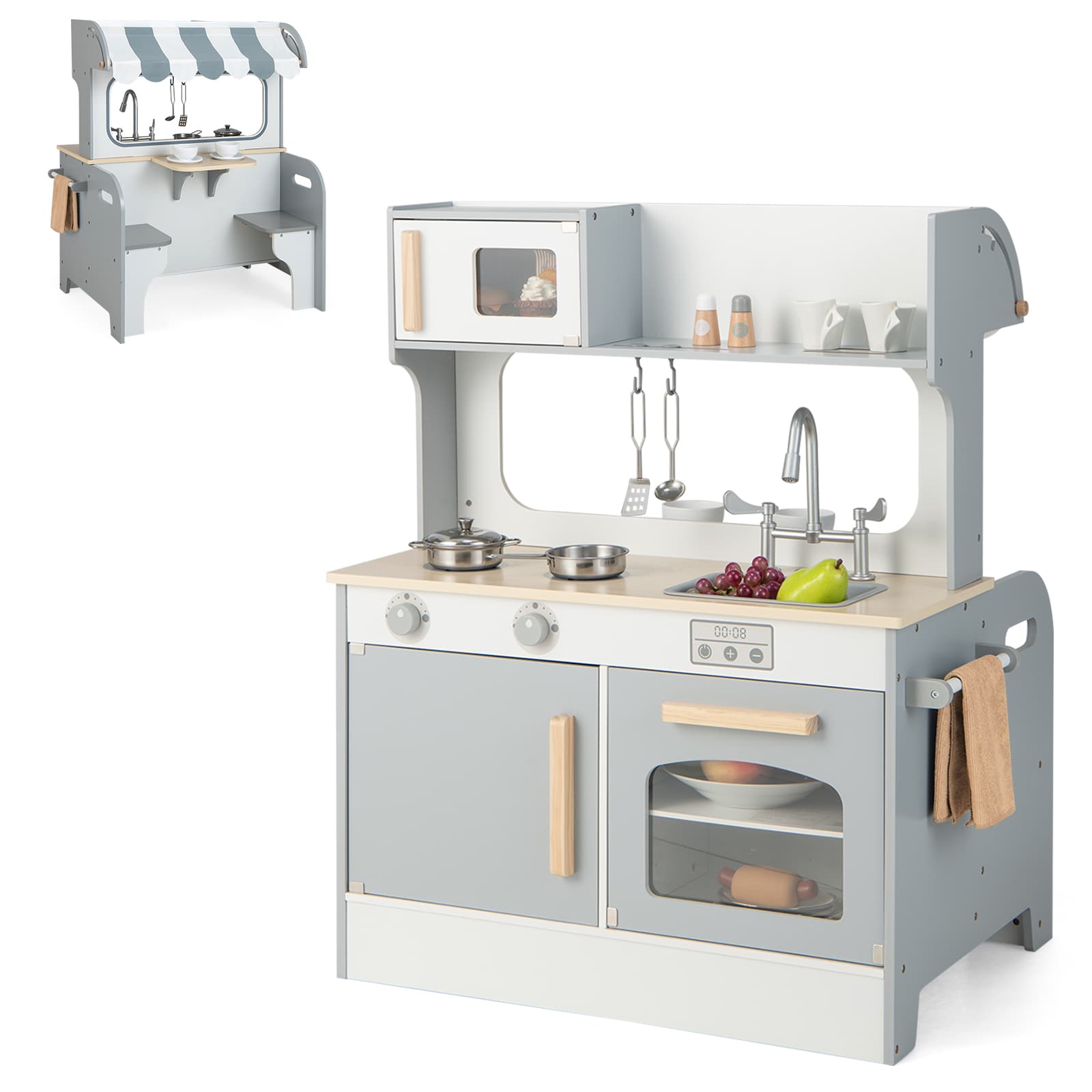 CostwayCuisine Enfants à 2 Face en Bois 71 X 53 X 91 CM 8 Accessoires pour Tout-Petits de 3 Ans+ Gris