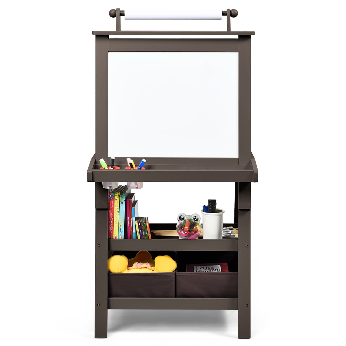 CostwayChevalet pour Enfants 3 en 1 Tableau de Dessin Magnétique Double Faces (Tableau Blanc + Tableau Noir) Café