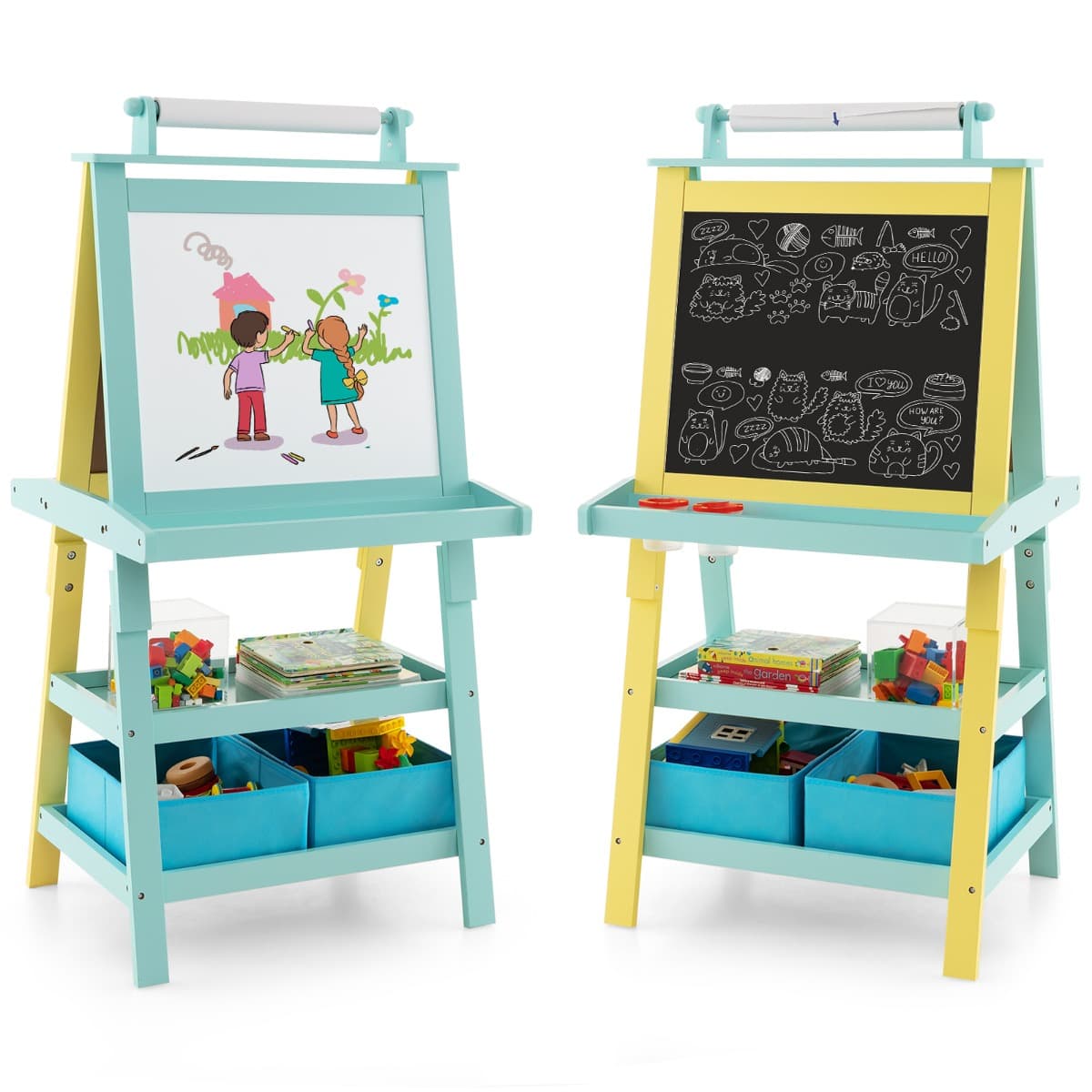 CostwayChevalet pour Enfants 3 en 1 Tableau de Dessin Magnétique Double Faces (Tableau Blanc + Tableau Noir) Jaune