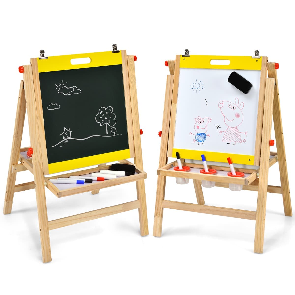 CostwayChevalet d’Art 3-en-1 pour Enfants de 3+Ans avec Hauteur Réglable sur 5 Positions Plateau de Rangement et Tableau à 2 Faces Jaune