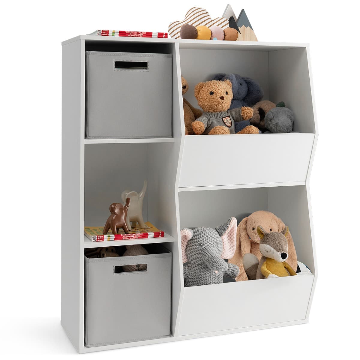 Organisateur de Rangement Bibliothèque en Bois pour Enfants à 5 Compartiments 2 Bacs en Tissu Étagèr