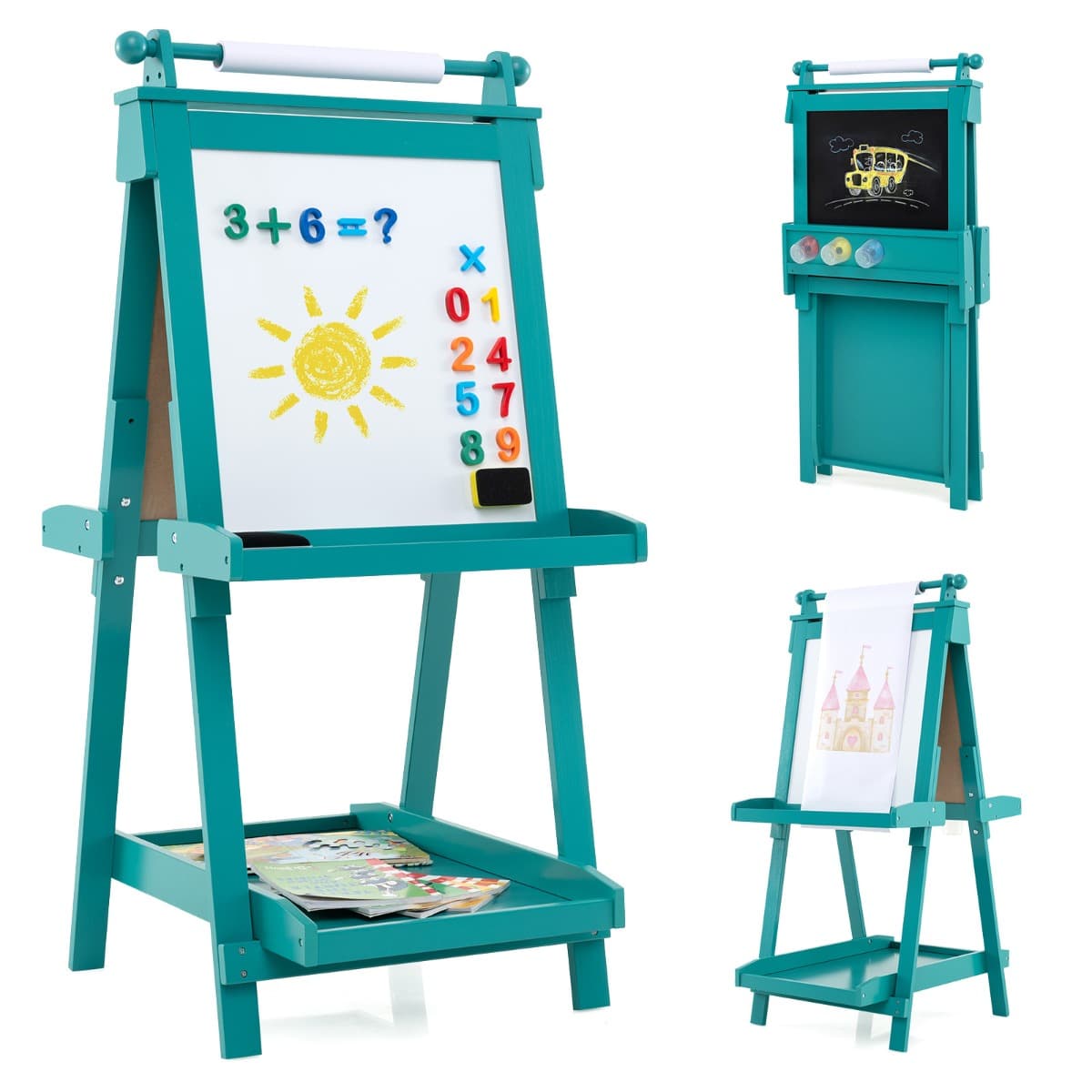 CostwayChevalet Pliable pour Enfants Chevalet d'Art Double Face 3 en 1 avec Tableau Noir et Tableau Blanc Magnétique Rouleau de Papier Vert