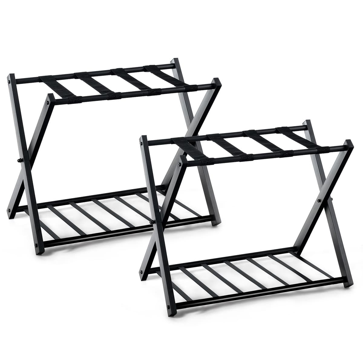 CostwayLot de 2 Supports de Bagages Pliable Porte Valise 2 Étages à Sangles Robustes Capacité 60kg en Métal 68x43x58cm Noir