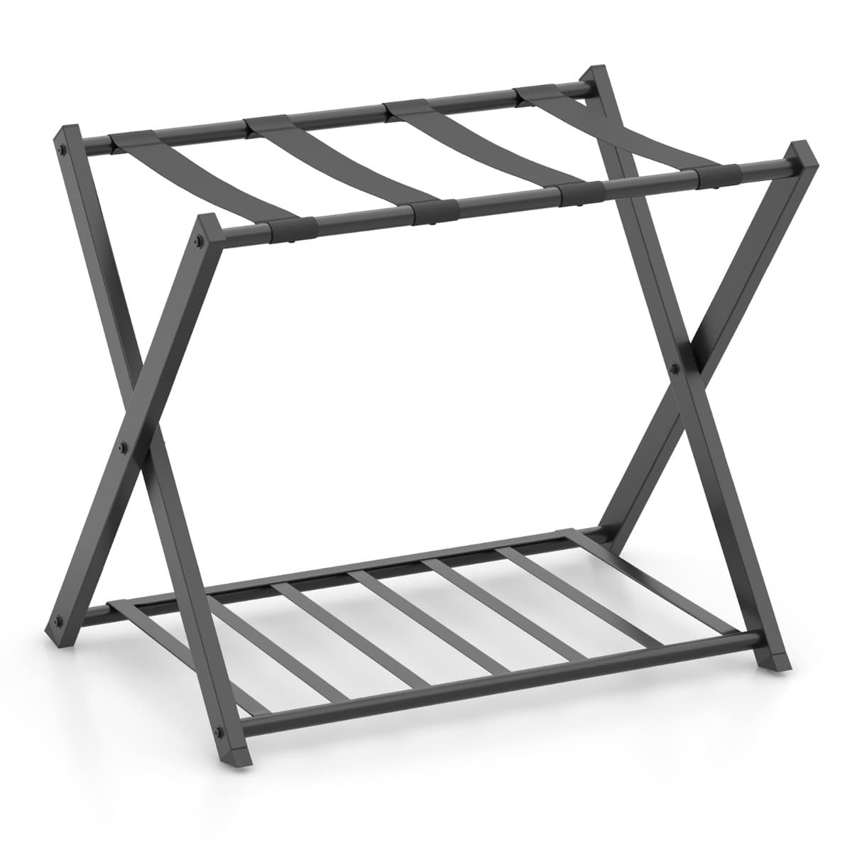 CostwaySupport de Bagages Pliable Porte Valise à 2 Étages et 4 Sangles Robustes Capacité 60 Kg en Métal 68x43x58cm Noir